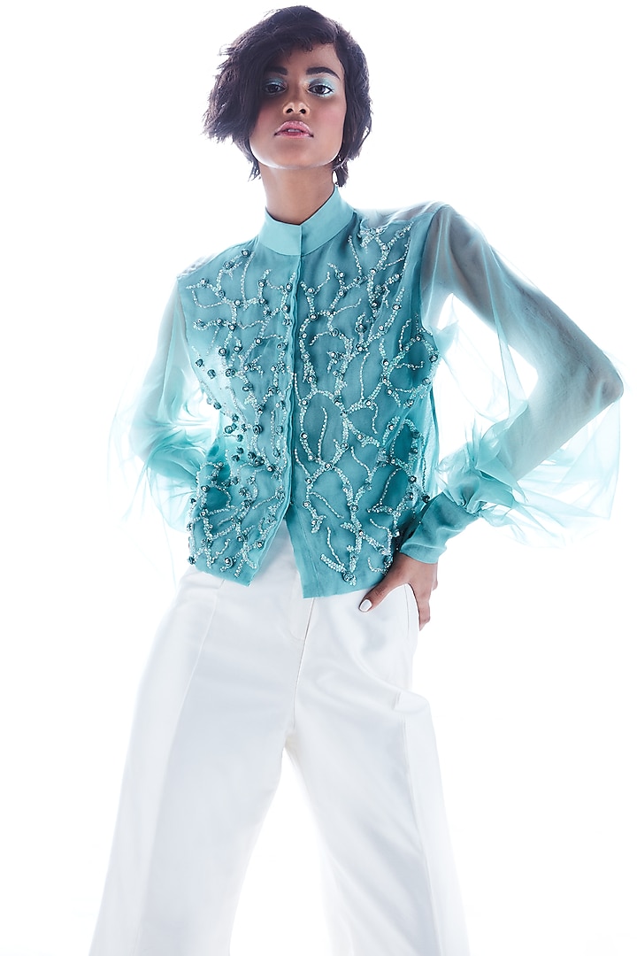 Sea Blue Shirt With Hand Work by Mala and Kinnary at Pernia's Pop Up Shop