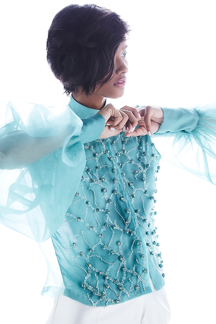 Sea Blue Shirt With Hand Work by Mala and Kinnary at Pernia's Pop Up Shop