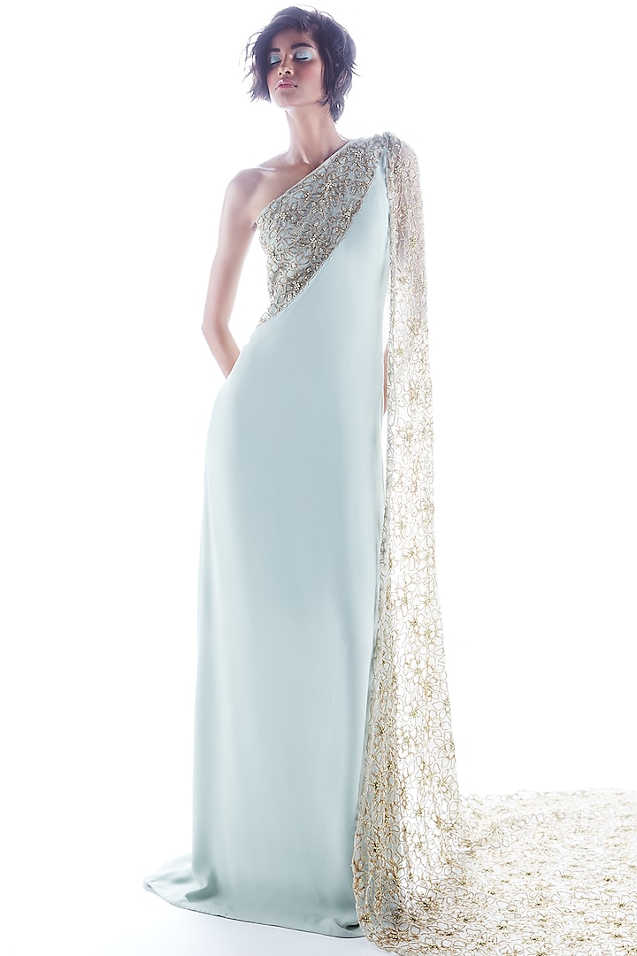Mint Saree Gown With Applique Work by Mala and Kinnary