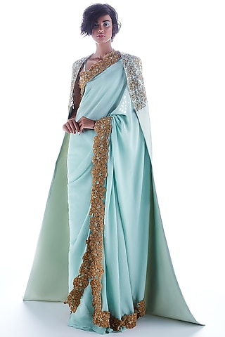 Green Saree With Applique Hand Work by Mala and Kinnary