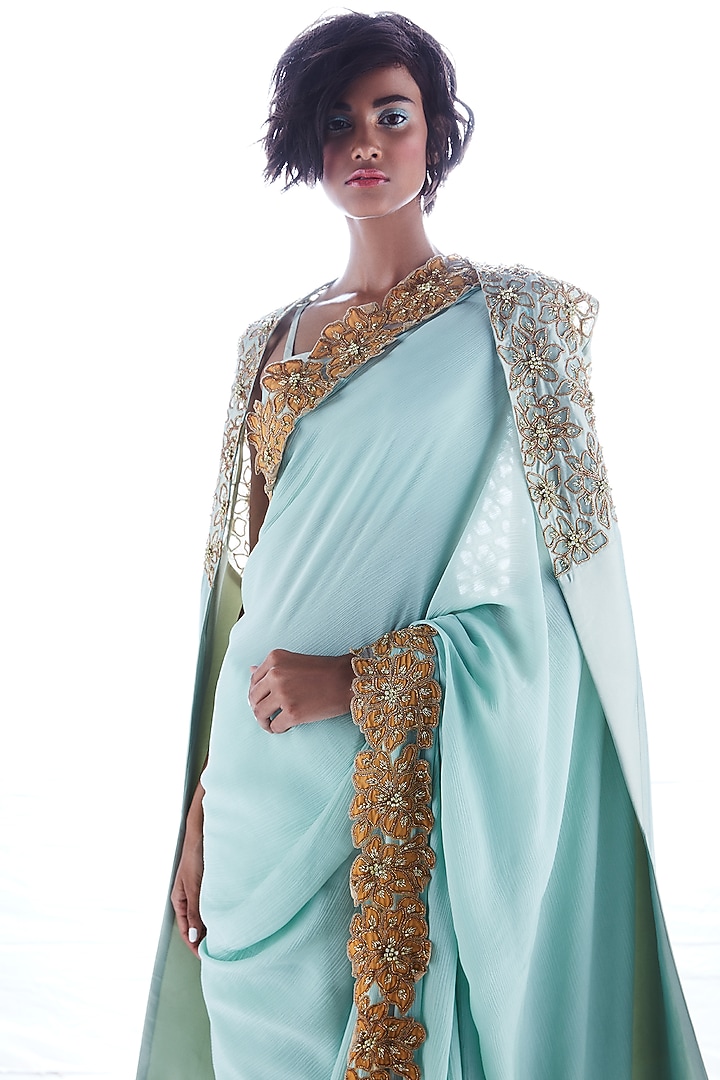 Green Wedding Saree With Applique Hand Work by Mala and Kinnary at Pernia's Pop Up Shop