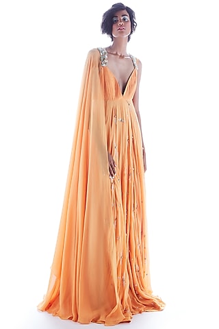 Orange Hand Embroidered Gown by Mala and Kinnary