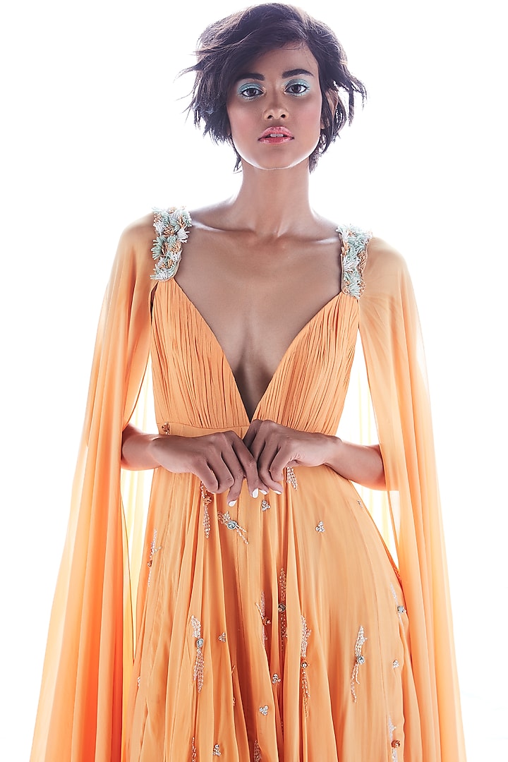 Orange Hand Embroidered Gown by Mala and Kinnary at Pernia's Pop Up Shop