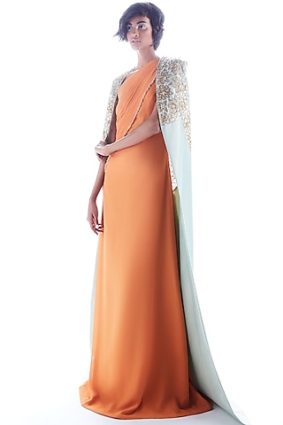 Sunset Yellow Saree Gown With Hand Work by Mala and Kinnary