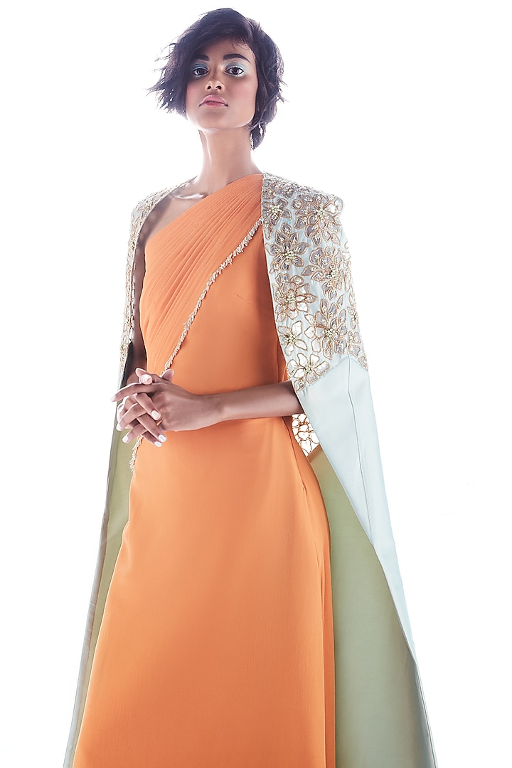 Sunset Yellow Wedding Saree Gown With Hand Work by Mala and Kinnary at Pernia's Pop Up Shop