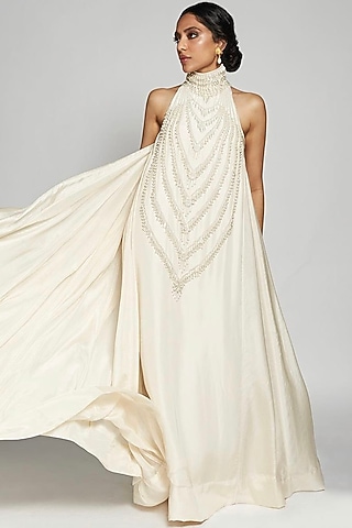Ivory Pure Habutai Silk Embroidered Gown by Mala and Kinnary