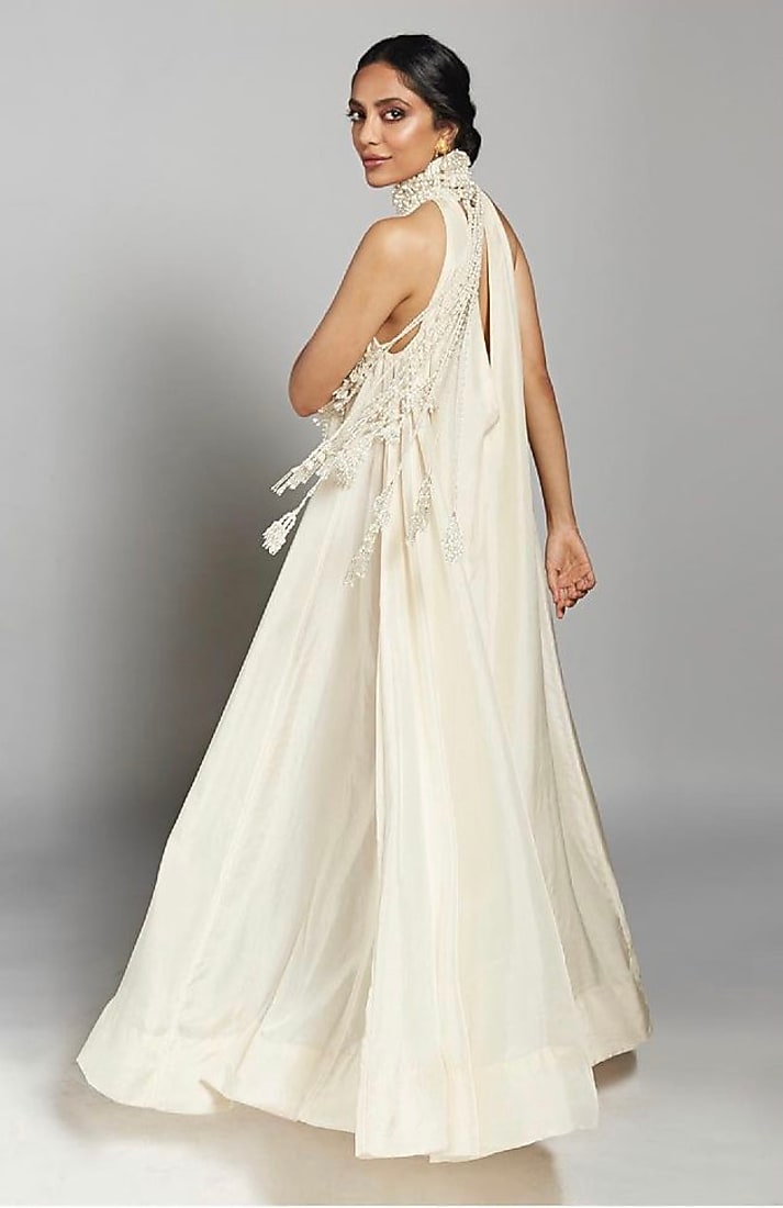Ivory Pure Habutai Silk Embroidered Wedding Gown by Mala and Kinnary at Pernia's Pop Up Shop
