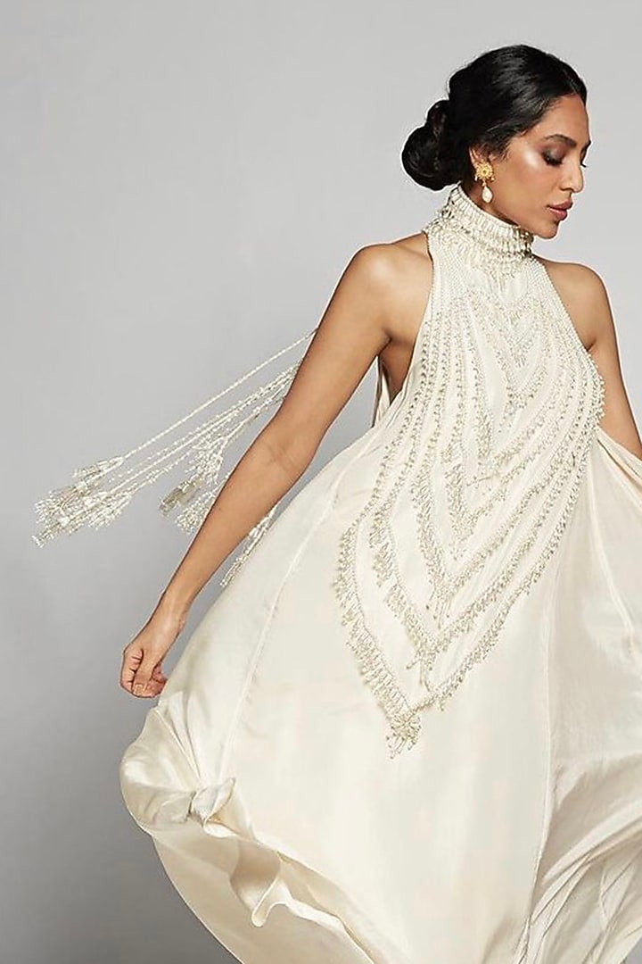 Ivory Pure Habutai Silk Embroidered Wedding Gown by Mala and Kinnary at Pernia's Pop Up Shop