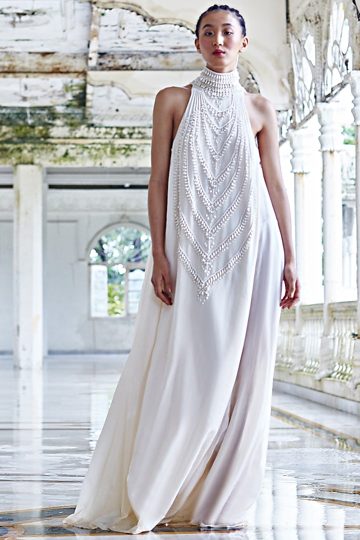Ivory Pure Habutai Silk Embroidered Wedding Gown by Mala and Kinnary at Pernia's Pop Up Shop