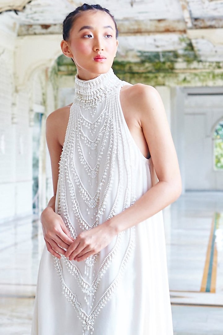 Ivory Pure Habutai Silk Embroidered Wedding Gown by Mala and Kinnary at Pernia's Pop Up Shop