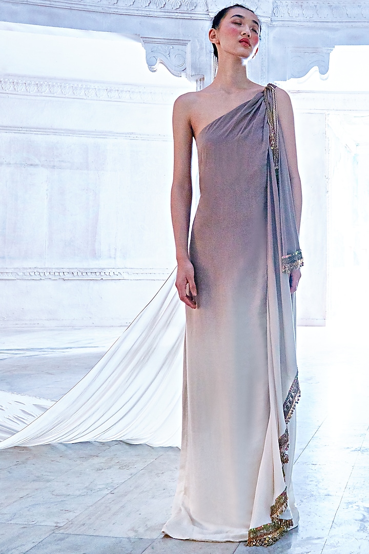 White One Shoulder Ombre Engagement Gown by Mala and Kinnary at Pernia's Pop Up Shop