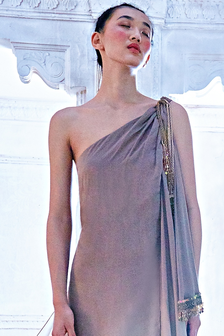 White One Shoulder Ombre Wedding Gown by Mala and Kinnary at Pernia's Pop Up Shop