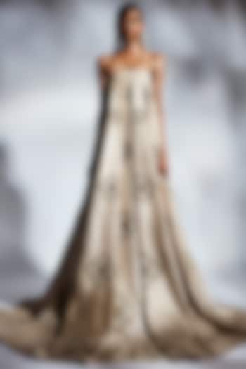 Beige Pleated Gown With Beads by Mala and Kinnary