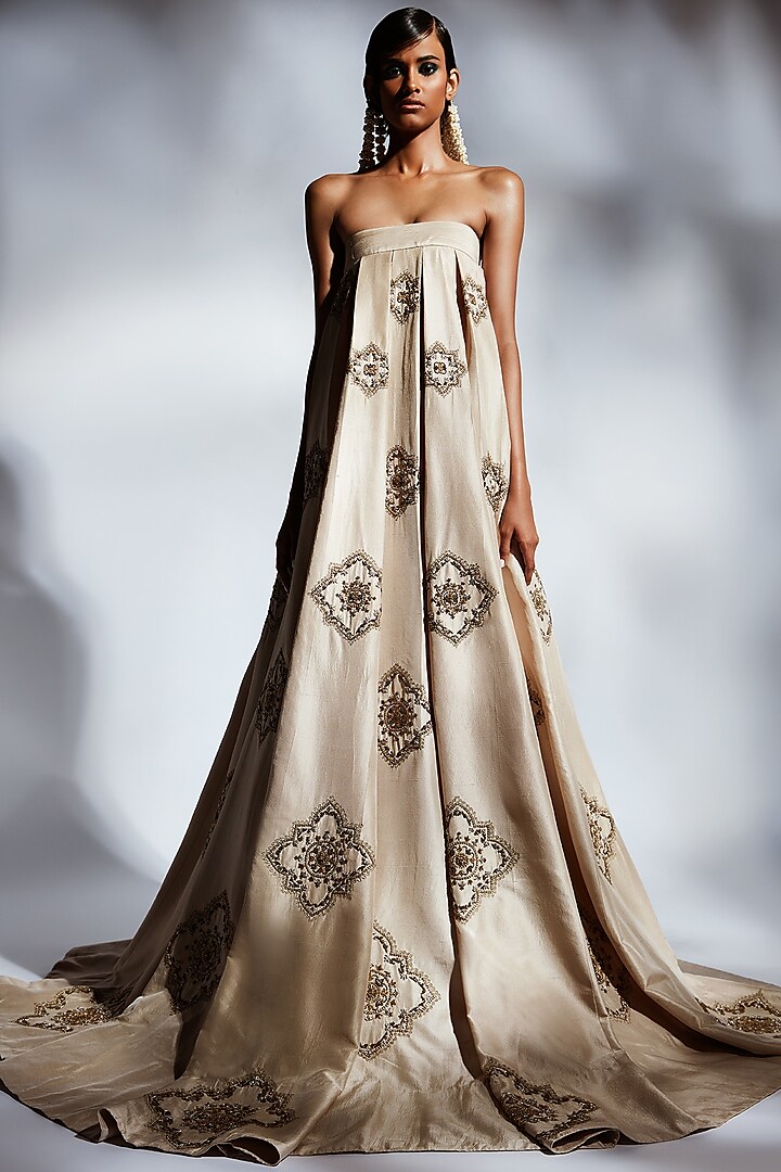 Beige Pleated Gown With Beads by Mala and Kinnary