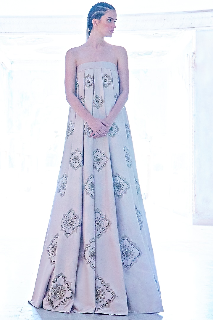 Beige Pleated Bridal Gown With Beads by Mala and Kinnary at Pernia's Pop Up Shop