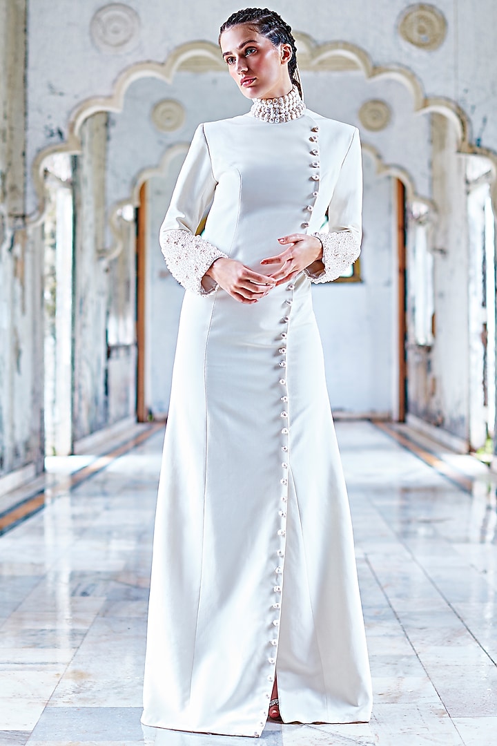 White Embellished Jacket Gown by Mala and Kinnary