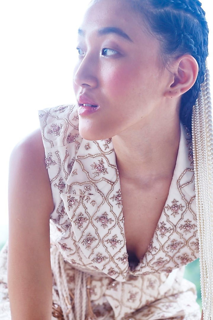 White Hand Embroidered Pant Set by Mala and Kinnary at Pernia's Pop Up Shop