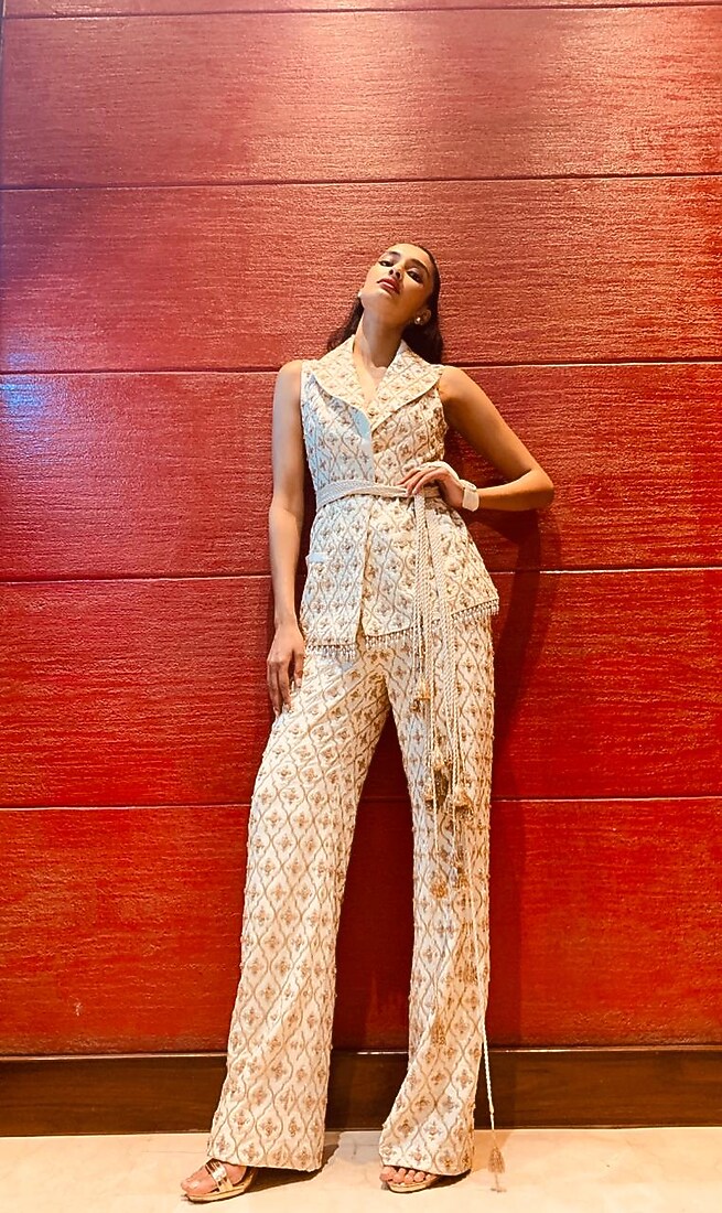 White Hand Embroidered Pant Set by Mala and Kinnary at Pernia's Pop Up Shop