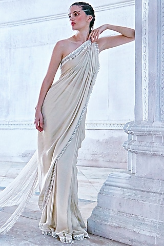 White Saree With Handwork by Mala and Kinnary