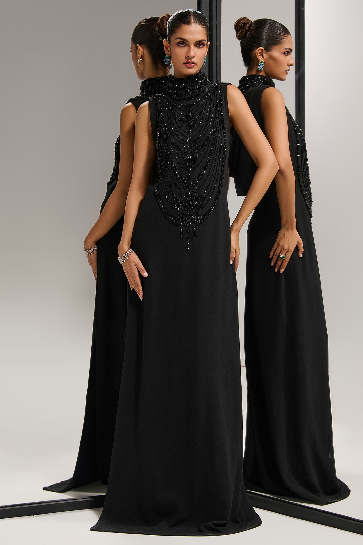 Mala and Kinnary Black Scuba Georgette Crystal Embellished Gown