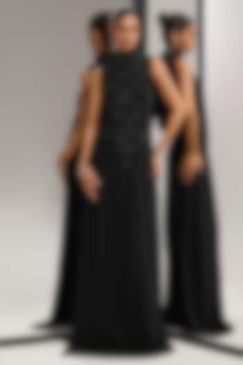 Black Scuba Georgette Crystal Embellished Engagement Gown by Mala and Kinnary at Pernia's Pop Up Shop