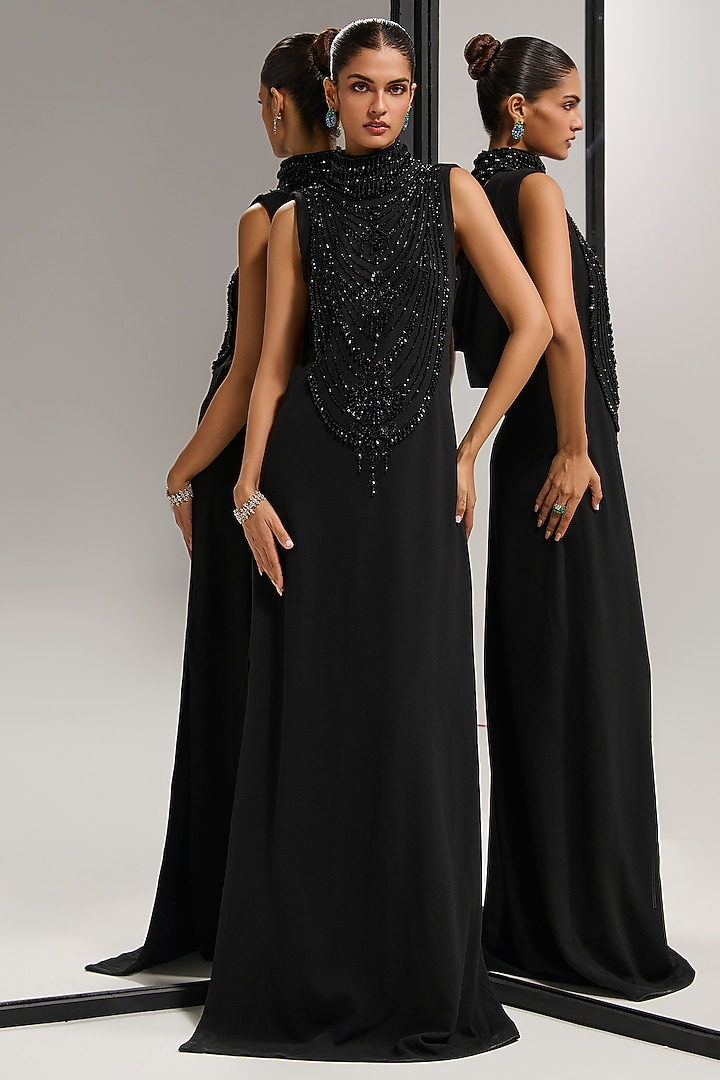Black Scuba Georgette Crystal Embellished Engagement Gown by Mala and Kinnary at Pernia's Pop Up Shop