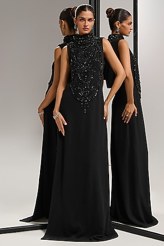 Black Scuba Georgette Crystal Embellished Gown by Mala and Kinnary