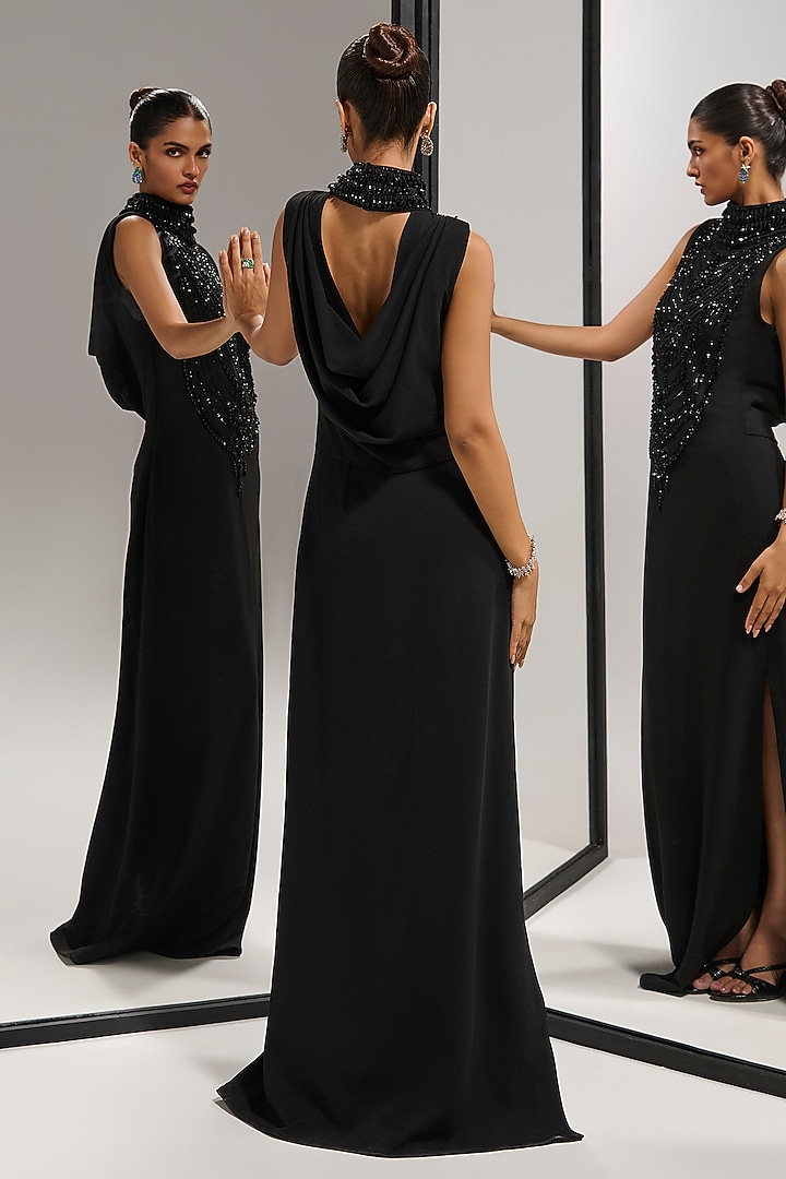Black Scuba Georgette Crystal Embellished Engagement Gown by Mala and Kinnary at Pernia's Pop Up Shop
