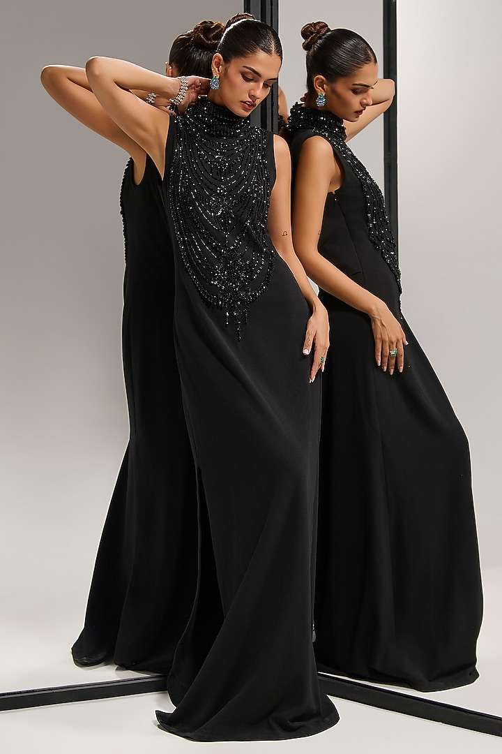 Black Scuba Georgette Crystal Embellished Engagement Gown by Mala and Kinnary at Pernia's Pop Up Shop