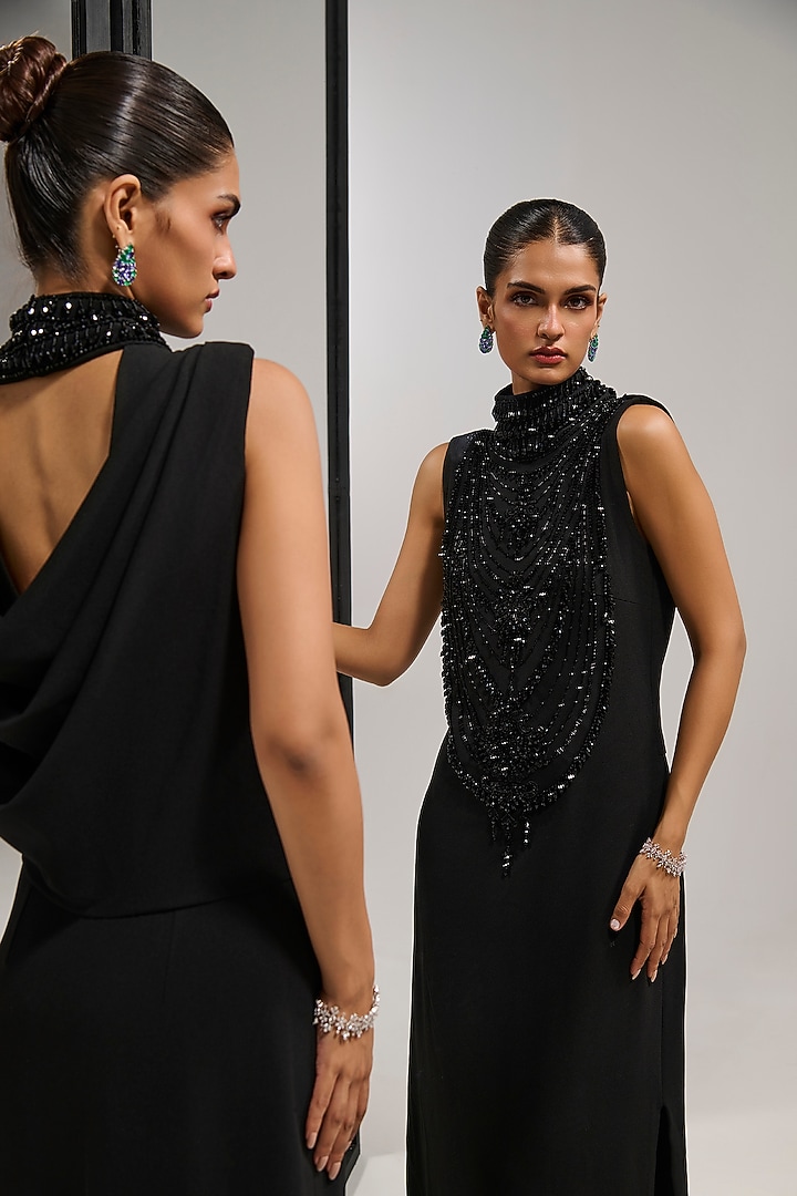 Black Scuba Georgette Crystal Embellished Engagement Gown by Mala and Kinnary at Pernia's Pop Up Shop
