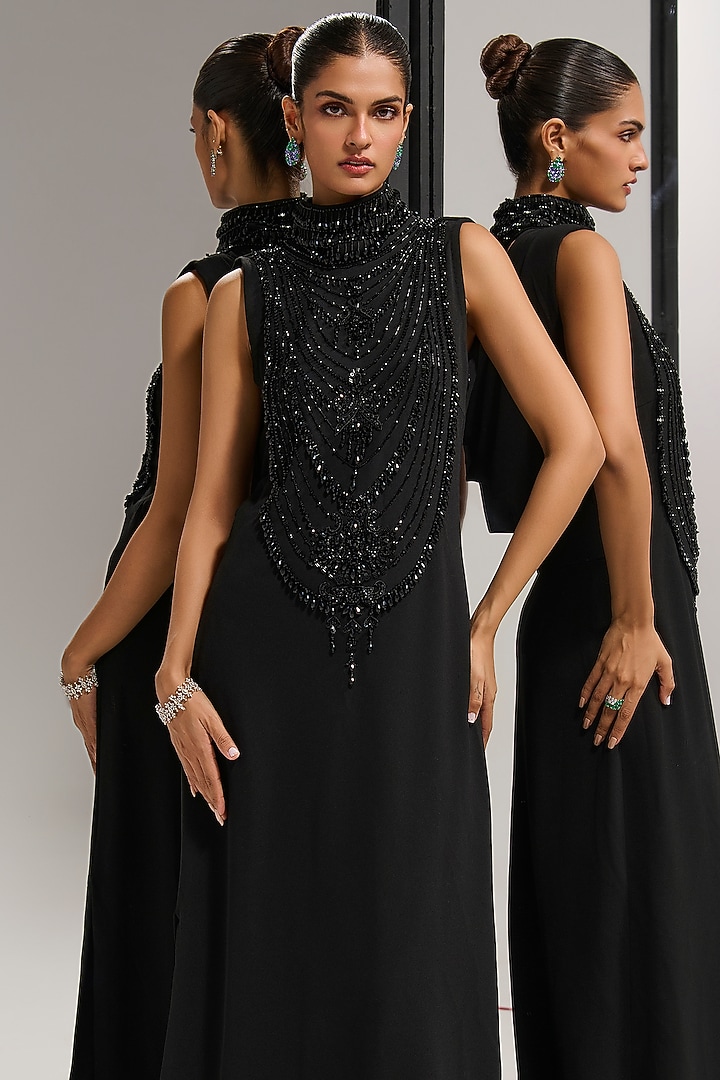 Black Scuba Georgette Crystal Embellished Engagement Gown by Mala and Kinnary at Pernia's Pop Up Shop