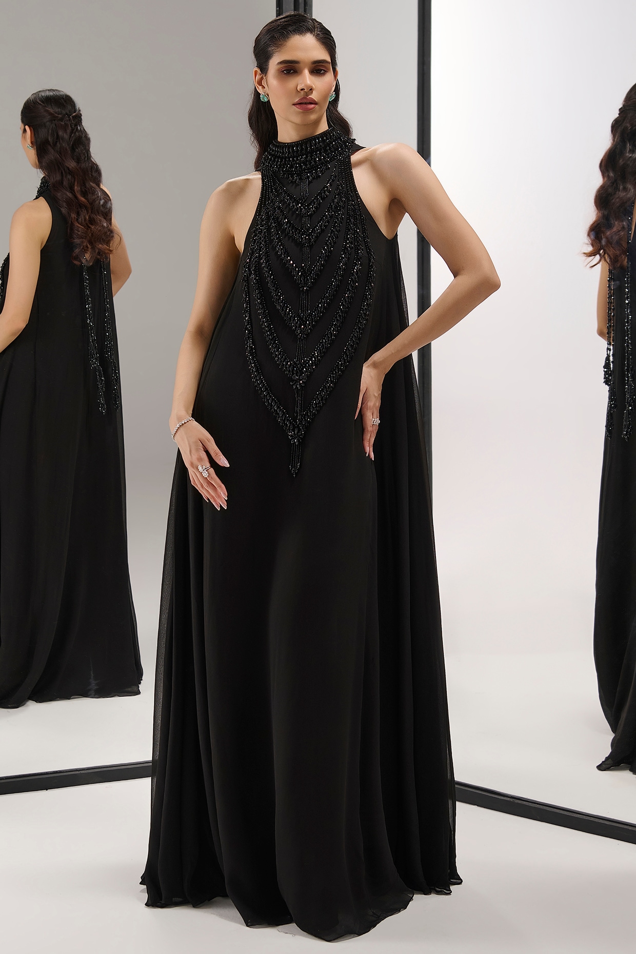 Mala and Kinnary Black Scuba Georgette Crystal Embellished Gown