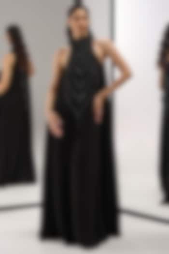 Black Scuba Georgette Crystal Embellished Engagement Gown by Mala and Kinnary at Pernia's Pop Up Shop