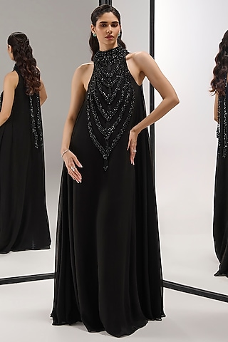Black Scuba Georgette Crystal Embellished Gown by Mala and Kinnary