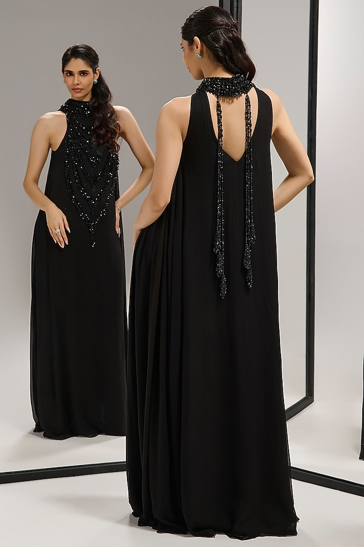 Black Scuba Georgette Crystal Embellished Engagement Gown by Mala and Kinnary at Pernia's Pop Up Shop