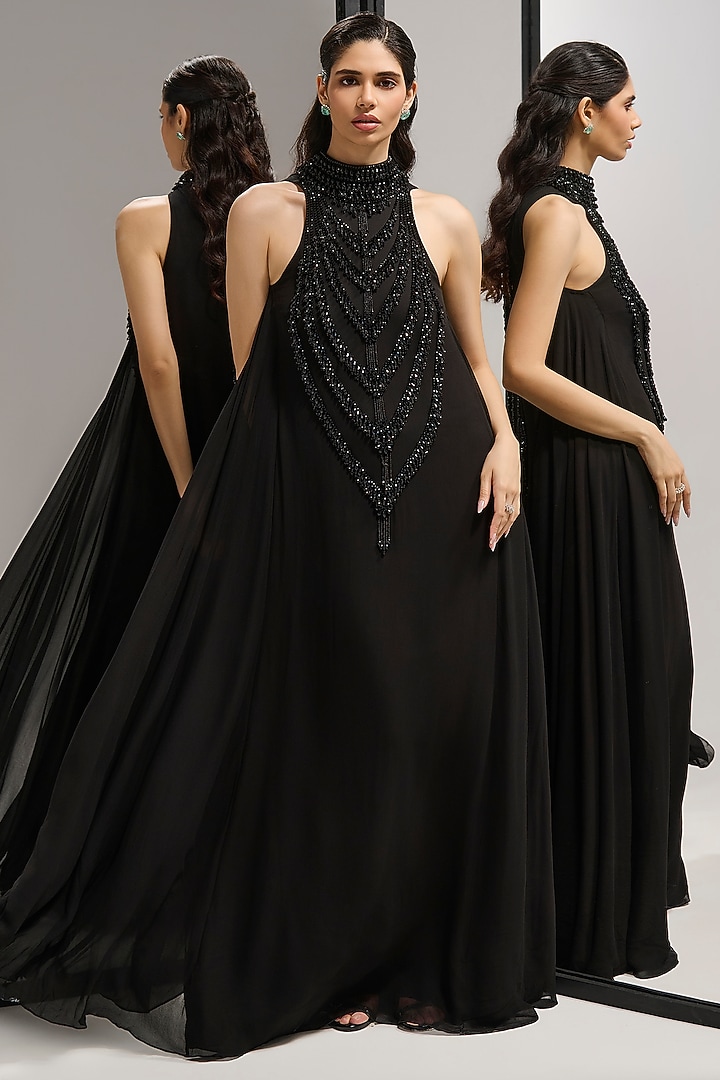 Black Scuba Georgette Crystal Embellished Engagement Gown by Mala and Kinnary at Pernia's Pop Up Shop