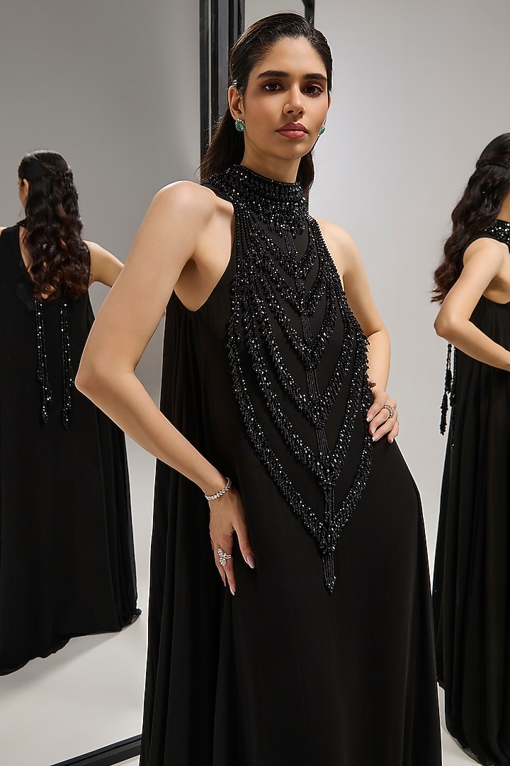 Black Scuba Georgette Crystal Embellished Engagement Gown by Mala and Kinnary at Pernia's Pop Up Shop