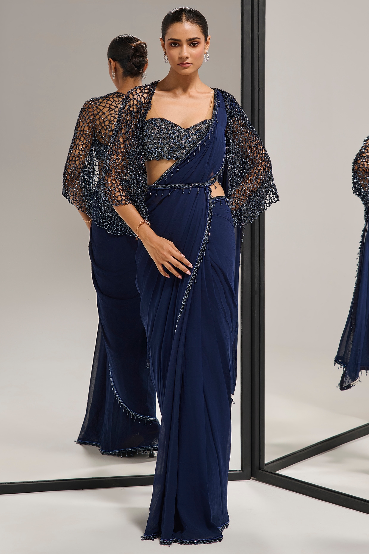 Mala and Kinnary Navy Blue Georgette Sequin Embellished Saree Set