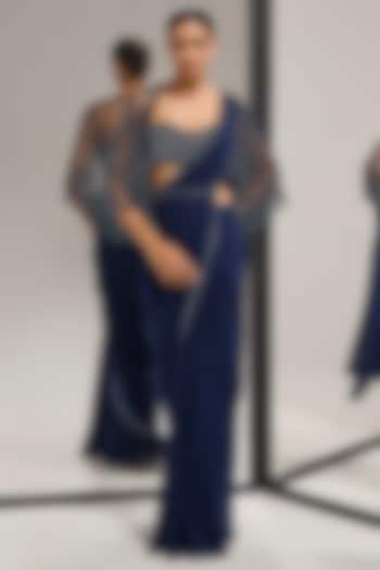 Navy Blue Georgette Sequin Embellished Bridal Saree Set by Mala and Kinnary at Pernia's Pop Up Shop