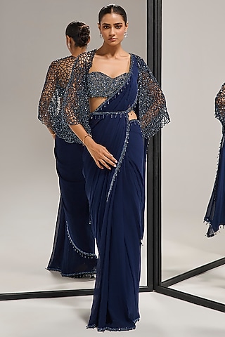 Navy Blue Georgette Sequin Embellished Saree Set by Mala and Kinnary