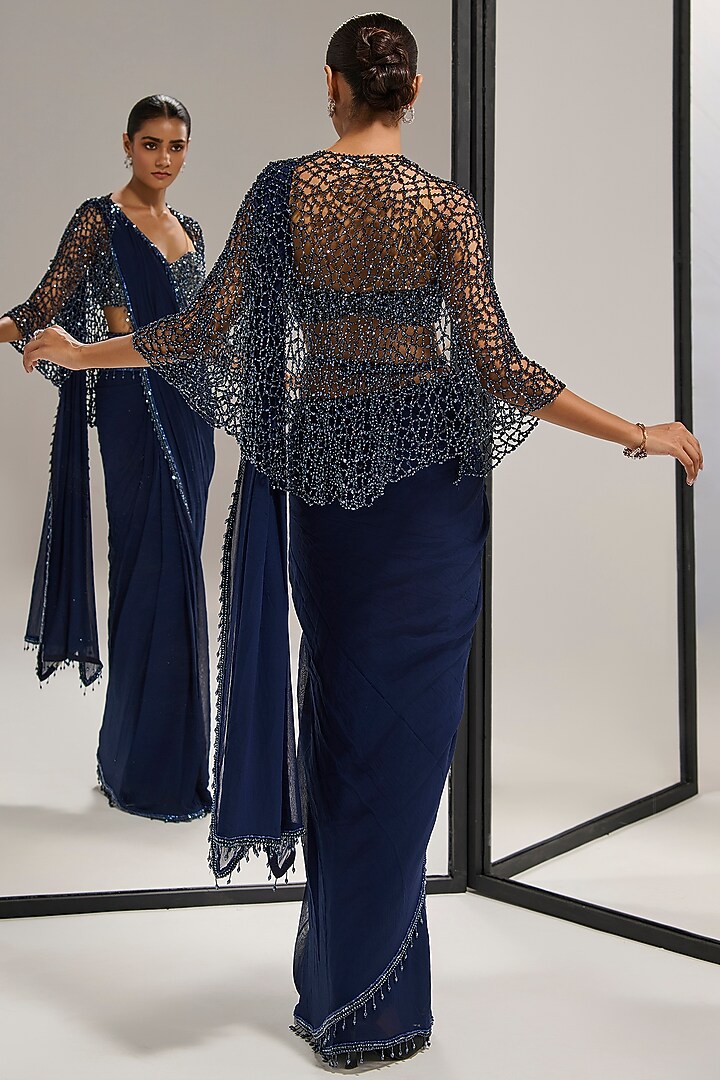 Navy Blue Georgette Sequin Embellished Bridal Saree Set by Mala and Kinnary at Pernia's Pop Up Shop