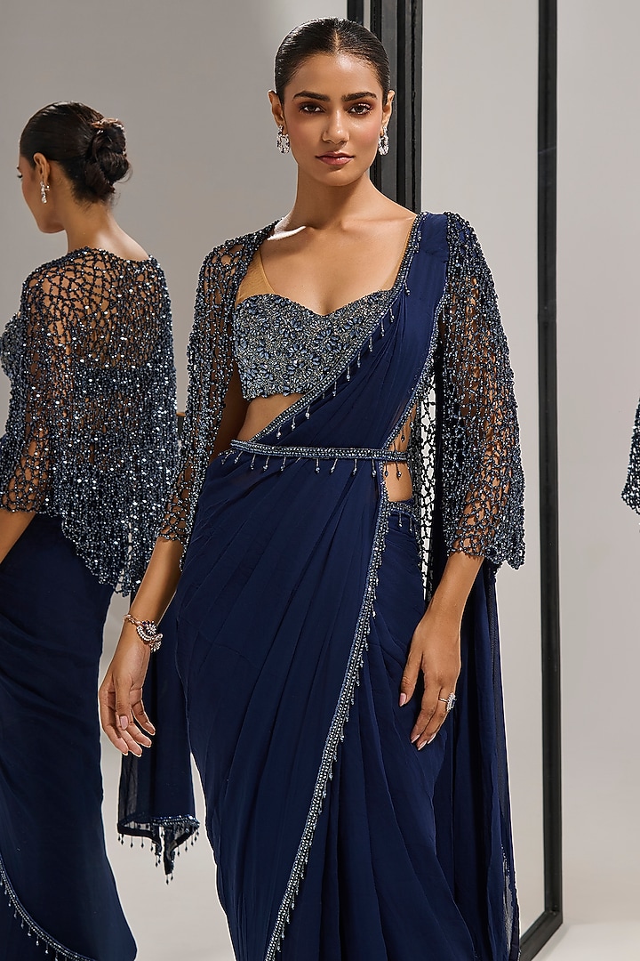Navy Blue Georgette Sequin Embellished Bridal Saree Set by Mala and Kinnary at Pernia's Pop Up Shop