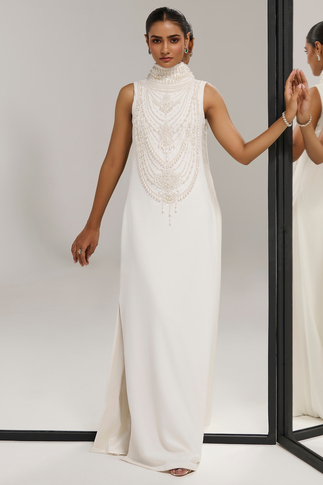 Mala and Kinnary White Scuba Georgette Hand Embroidered Gown