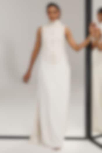 White Scuba Georgette Hand Embroidered Engagement Gown by Mala and Kinnary at Pernia's Pop Up Shop
