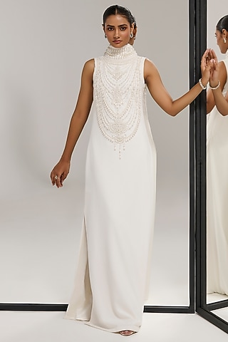 White Scuba Georgette Hand Embroidered Gown by Mala and Kinnary