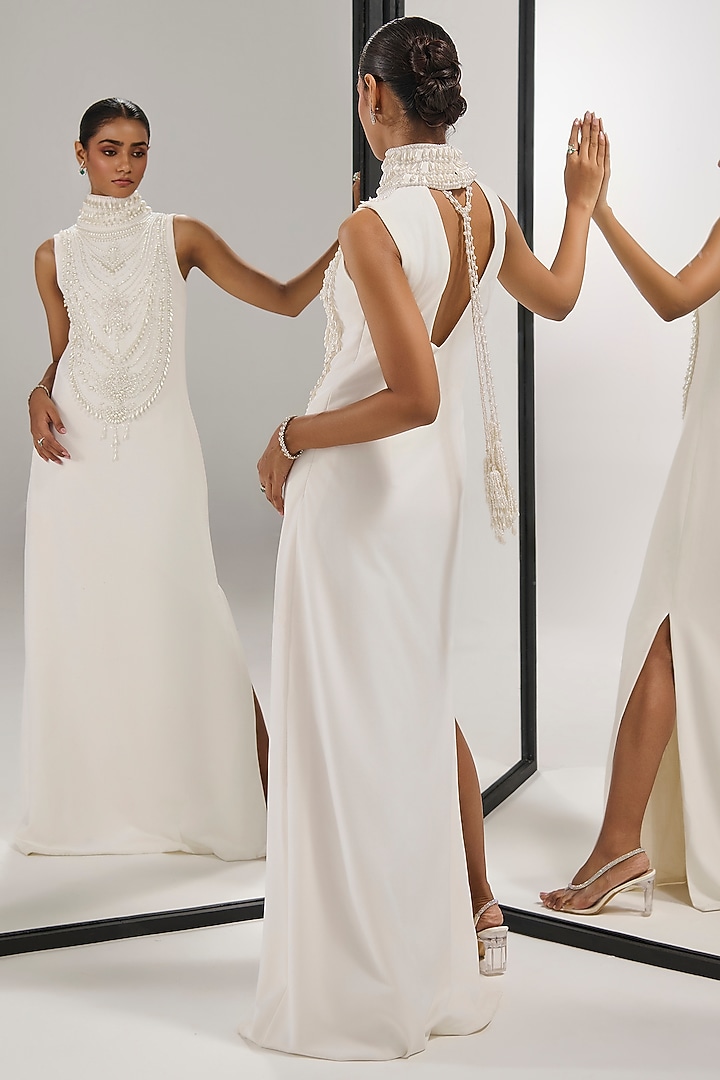 White Scuba Georgette Hand Embroidered Engagement Gown by Mala and Kinnary at Pernia's Pop Up Shop