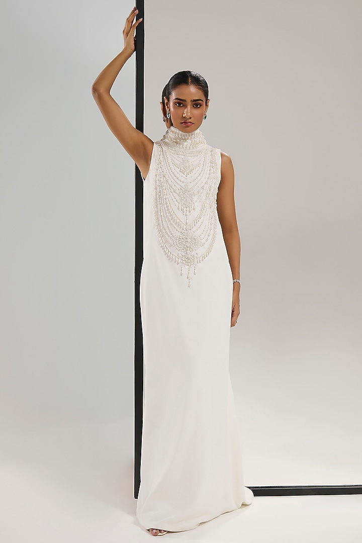 White Scuba Georgette Hand Embroidered Engagement Gown by Mala and Kinnary at Pernia's Pop Up Shop