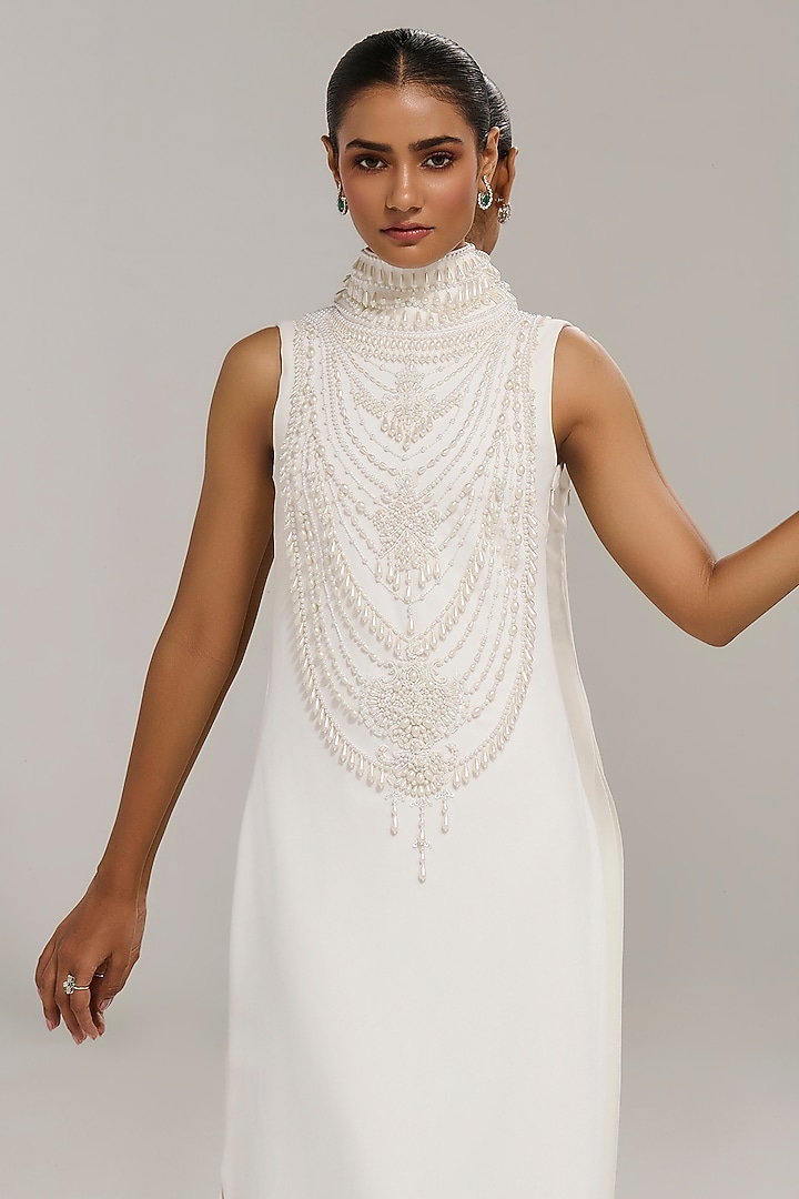White Scuba Georgette Hand Embroidered Engagement Gown by Mala and Kinnary at Pernia's Pop Up Shop
