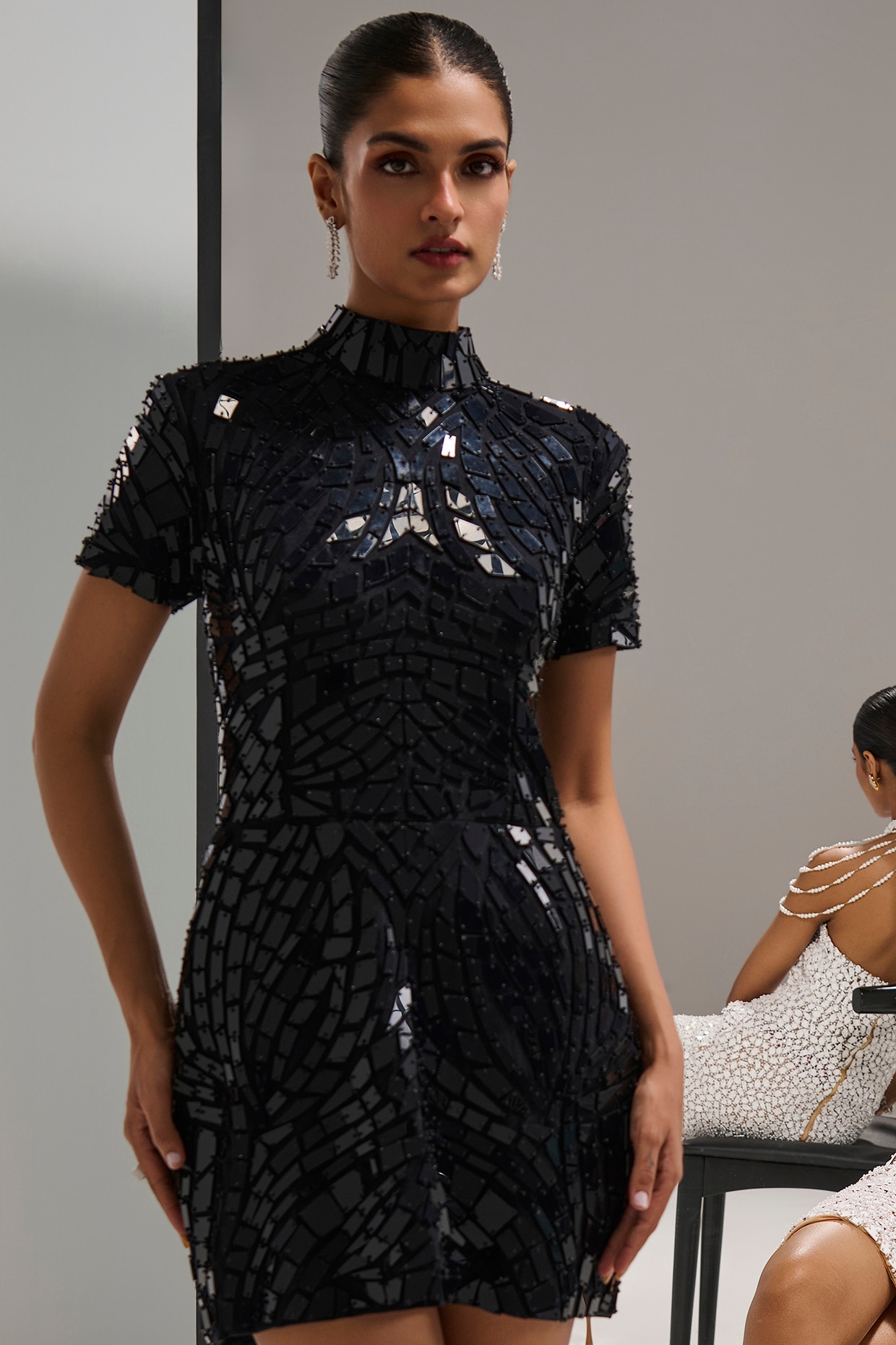 Mala and Kinnary Jet Black Tulle Mirror Embroidered Mini Dress