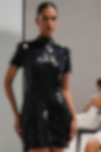 Jet Black Tulle Mirror Embroidered Mini Party Wear Dress by Mala and Kinnary at Pernia's Pop Up Shop